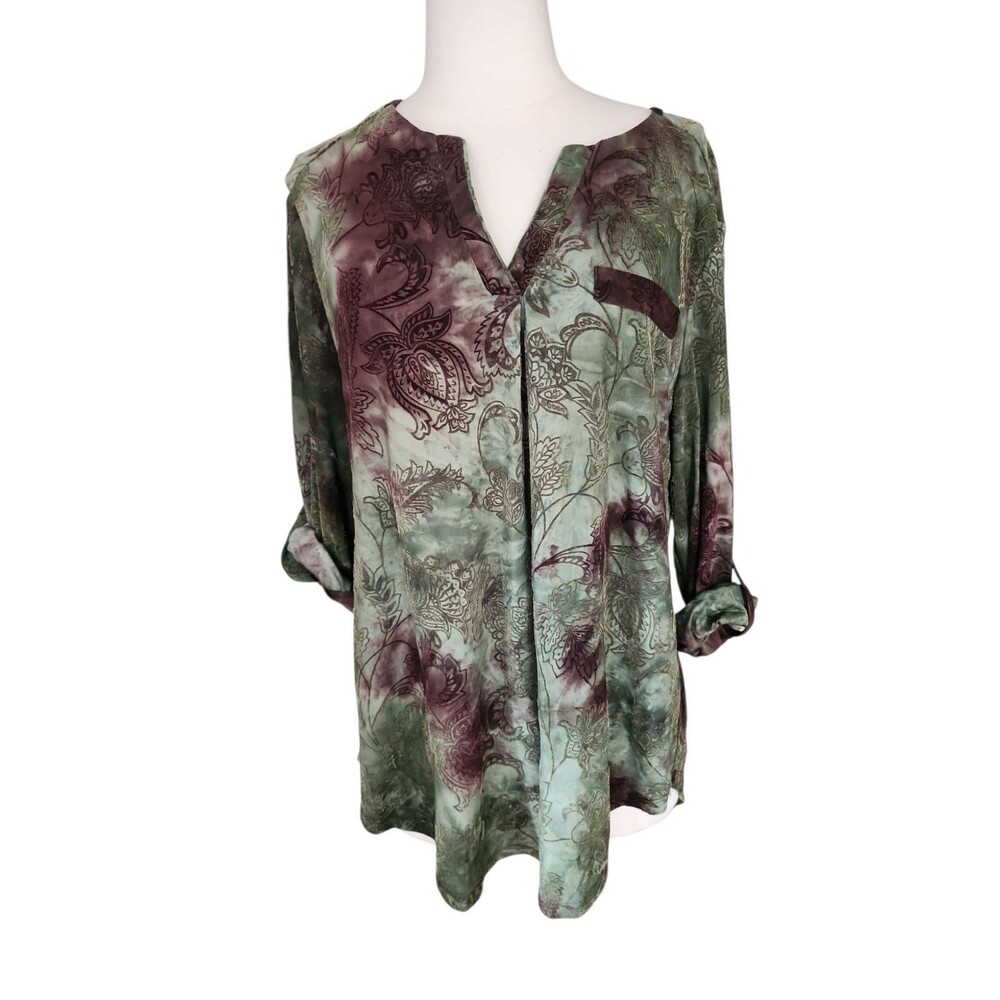 Sami & Jo Tunic Goblin Forest Top Womens Large Green Flocked Roll-tab Floral